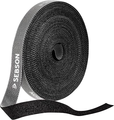 SEBSON Reusable Cable Ties Black 10m Roll 12mm Wide Adjustable Hook Loop