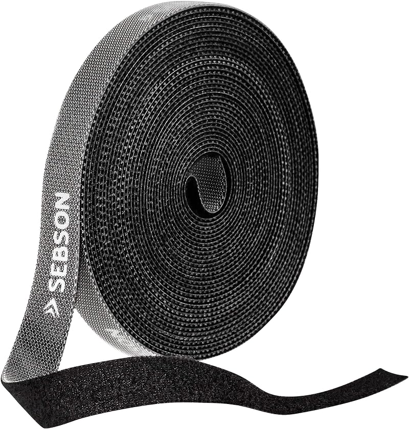 SEBSON Reusable Cable Ties Black 10m Roll 12mm Wide Adjustable Hook Loop
