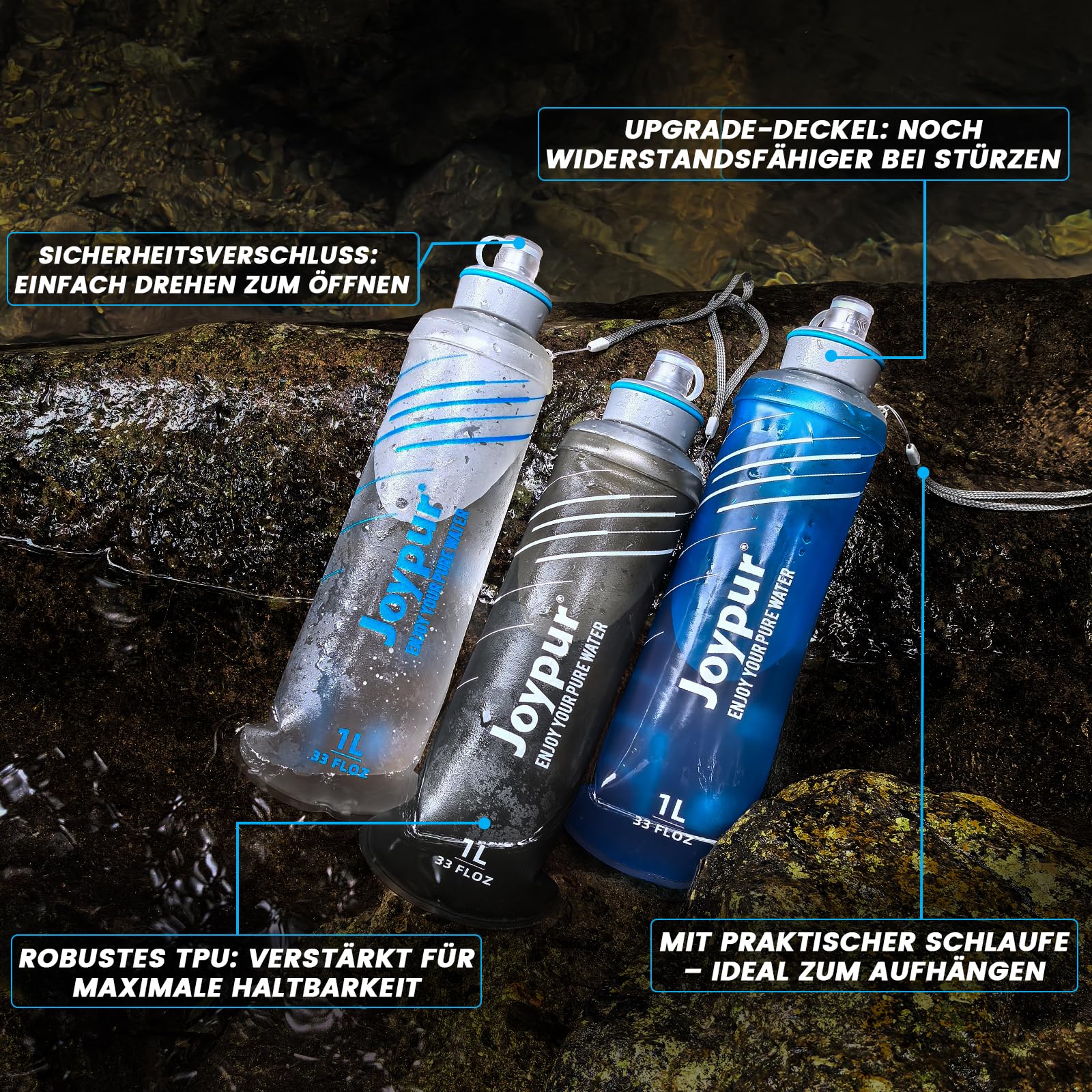 joypur Wasserfilter Flasche 650 ml mit Aktivkohle & Ultrafiltration – 3-Stufen Outdoor Wasserfilter für Trinkwasser, BPA-frei, faltbare Trinkflasche für Camping, Wandern, Notfallvorsorge (Blau) 8