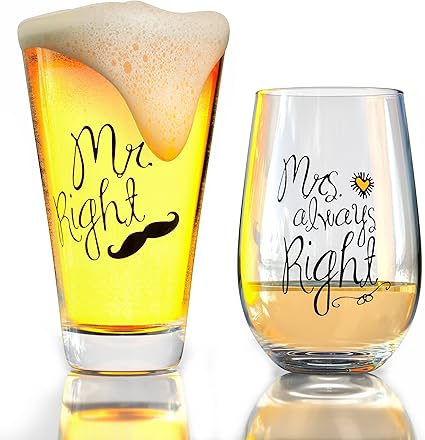 Amazon 面白いウェディングギフト Mr Rightとmrs Always Rightノベルティワインガラス ビールガラスコンボ Fine Occasionと婚約ギフトカップル用 Fine Occasion ワイングラス 通販