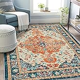 U'Artlines Boho Vintage Area Rug 5x7 Machine Washable Low Pile Soft Floor Carpet Non Slip Non Shedding Accent Rug for Living Room Bedroom Entryway Dining Room Office Orange/Multi