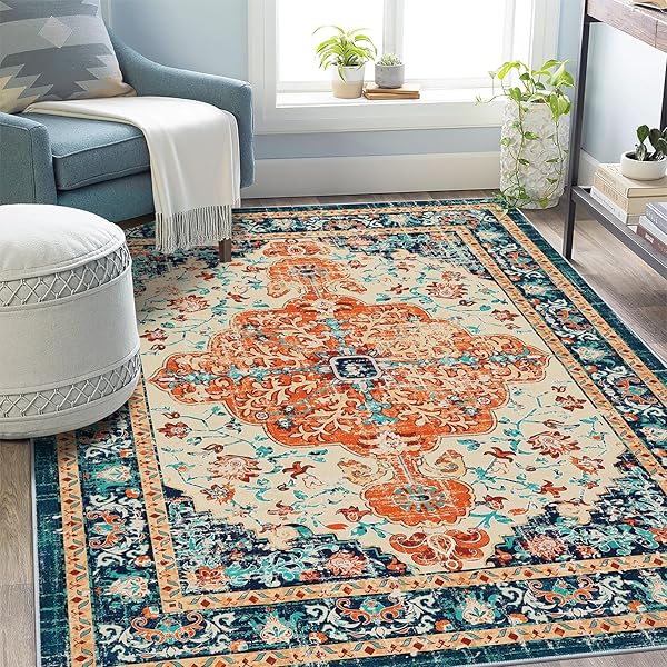 U’ARTLINES BOHO VINTAGE AREA RUG 5X7 MACHINE WASHABLE LOW PILE SOFT FLOOR CARPET NON SLIP NON SHEDDING ACCENT RUG FOR LIVING ROOM BEDROOM ENTRYWAY DINING ROOM OFFICE ORANGE/MULTI