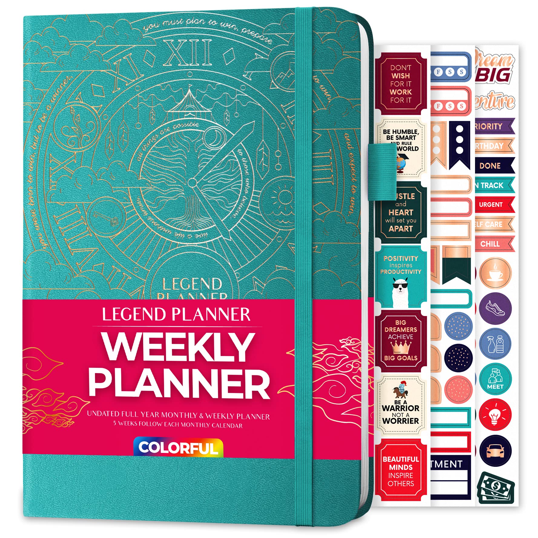 Legend Weekly Colorful Planner 2nd Edition – Undated Life & Work Agenda Journal for Time Management, Goal Setting, Productivity, Tasks & To Do Lists – A5 size, Hardcover - Turquoise Gold Foil