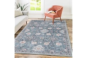 Mcadore 5x7 Area Rugs Washable Boho Rug, Non Slip Carpet for Living Room, Bedroom, Kitchen, Soft Low-Pile Rug, Indigo/Floral