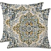 Gujiahone Outdoor Waterproof Pillow Covers - 18 x 18 Inch Set of 2 Bohemian Vintage Carpet Pattern Pillow Covers in Green and Blue Ethnic Design for Decorative Farmhouse, Couch, Garden, Balcony
