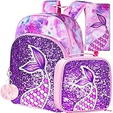 3PCS Girls Backpack, 16" Sequin Prechool Elementary Bookbag and Lunch Box