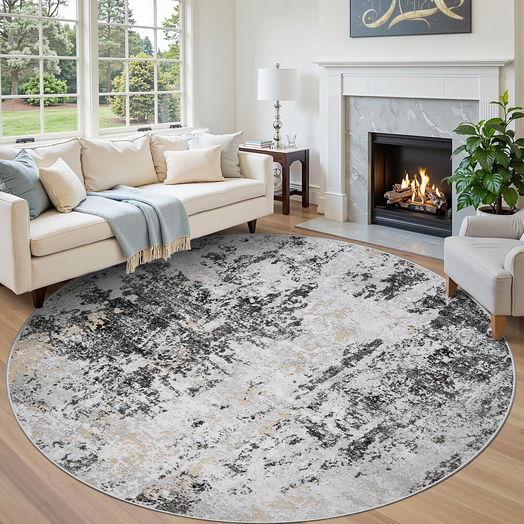 Round Rug 8ft Circle Rug Washable: Carpet Circular Area Rug for Entryway Kitchen Bedroom Dining Room Living Room Large 8 Feet Abstract College Dorm Non Slip Low Pile Black Grey Gold Image Round Rug 8ft Circle Rug Washable: Carpet Circular Area Rug for Entryway Kitchen Bedroom Dining Room Living Room Large 8 Feet Abstract College Dorm Non Slip Low Pile Black Grey Gold Image