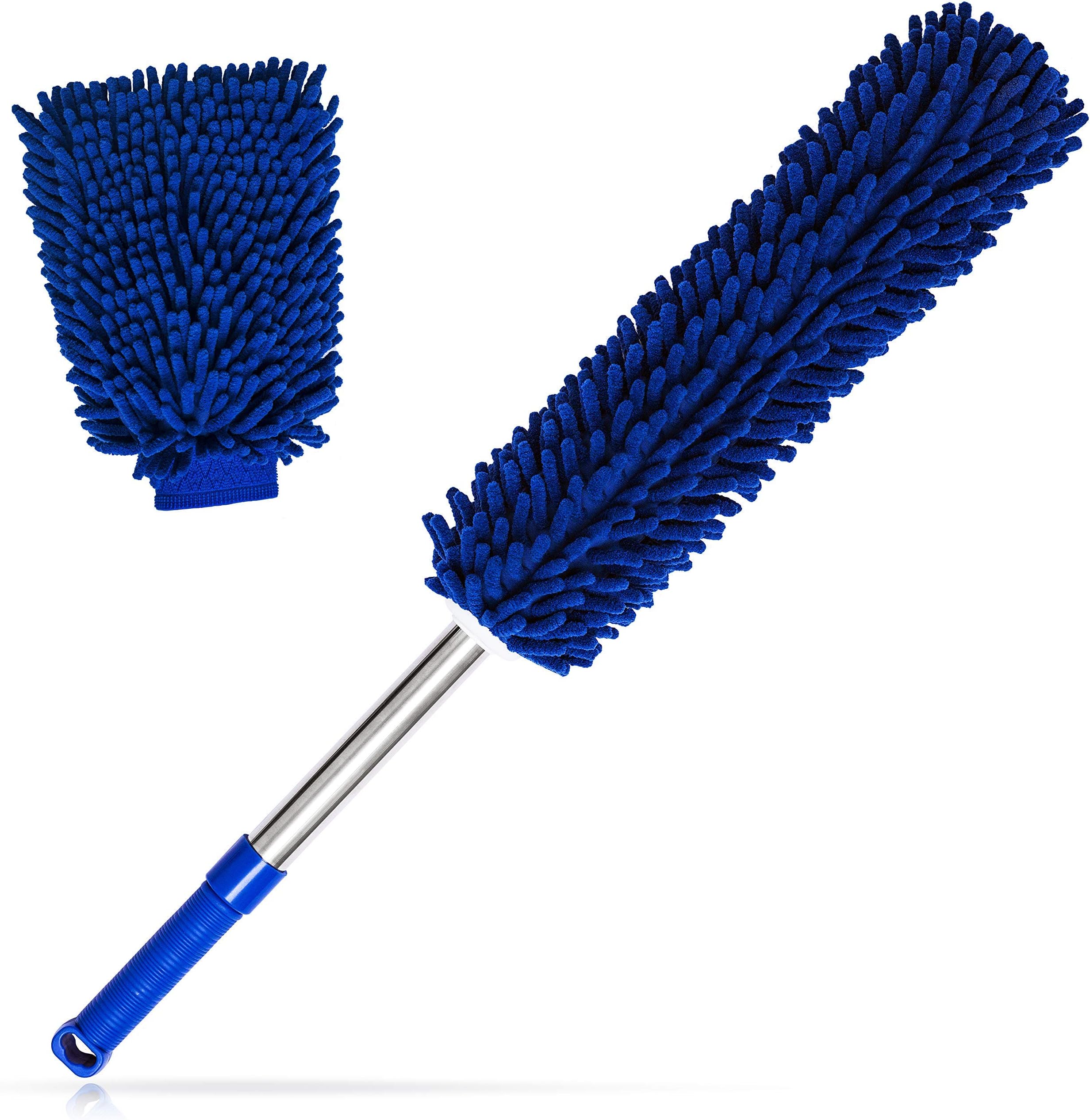 Extendable Microfibre Duster with Extra Duster Glove – Telescoping Long Handle Cobweb Brush, Machine Washable, Lightweight Long Reach Pole Cleaning Brush – by Grey Mint