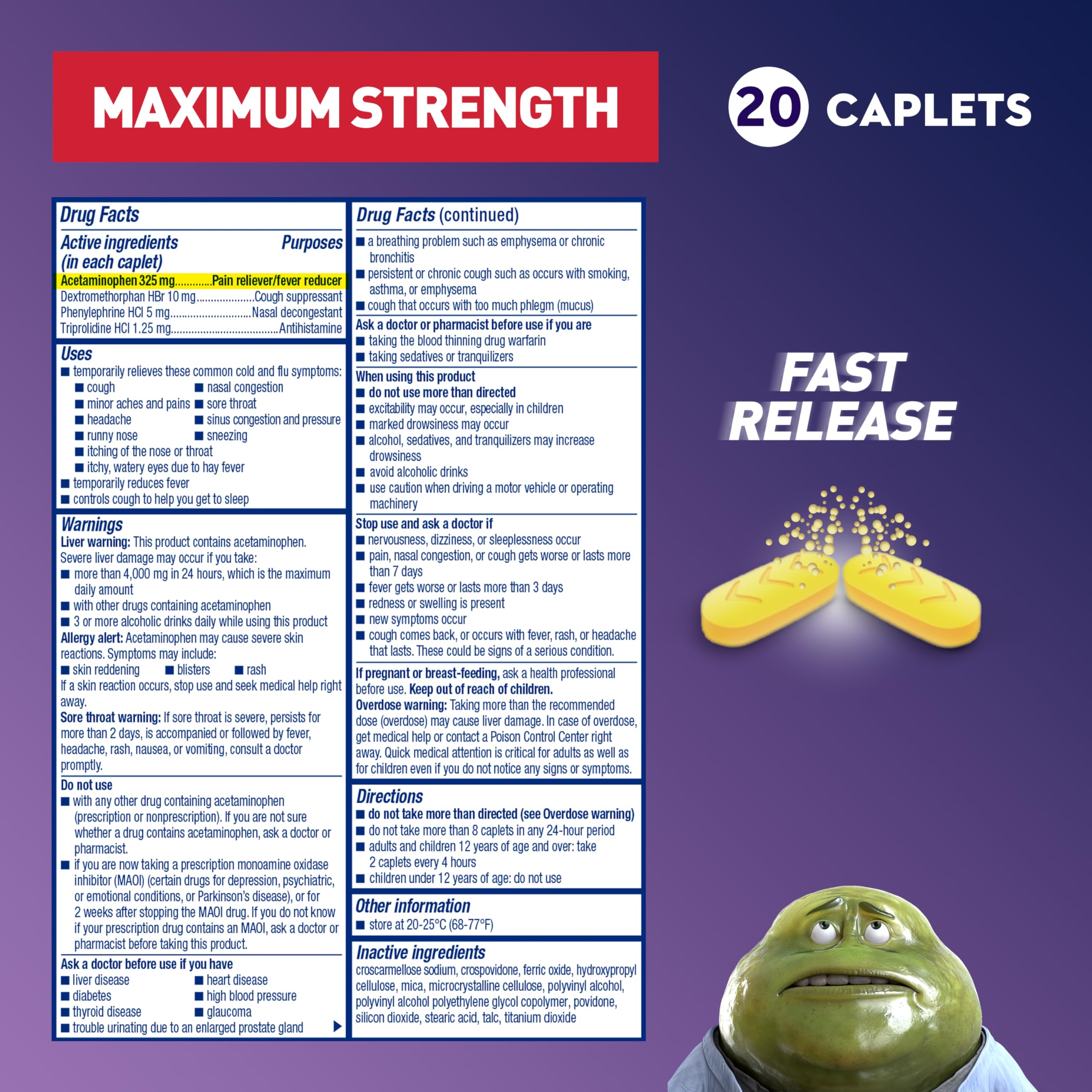 Mucinex Nightshift Sinus, Maximum Strength Powerful MultiSymptom Night Relief, 20 Fast Release Caplets Pain Reliever/Fever Reducer, Cough Suppressant, Nasal Decongestant & Antihistamine