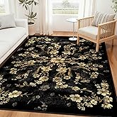 Castage 5x7 Area Rugs Black Floral Washable Rug for Living Room Bedroom,Large Boho Vintage Bohemian Farmhouse Distressed Oriental Non Slip Carpet for Kitchen Dining Room,Gold Flowers Decor