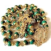 elegantmedical HANDMADE 8MM Turquoise BEADS CATHOLIC AVE MARIA 5 DECADE GOLD ROSARY NECKLACE CROSS crucifix Mens Womens Religious Gift