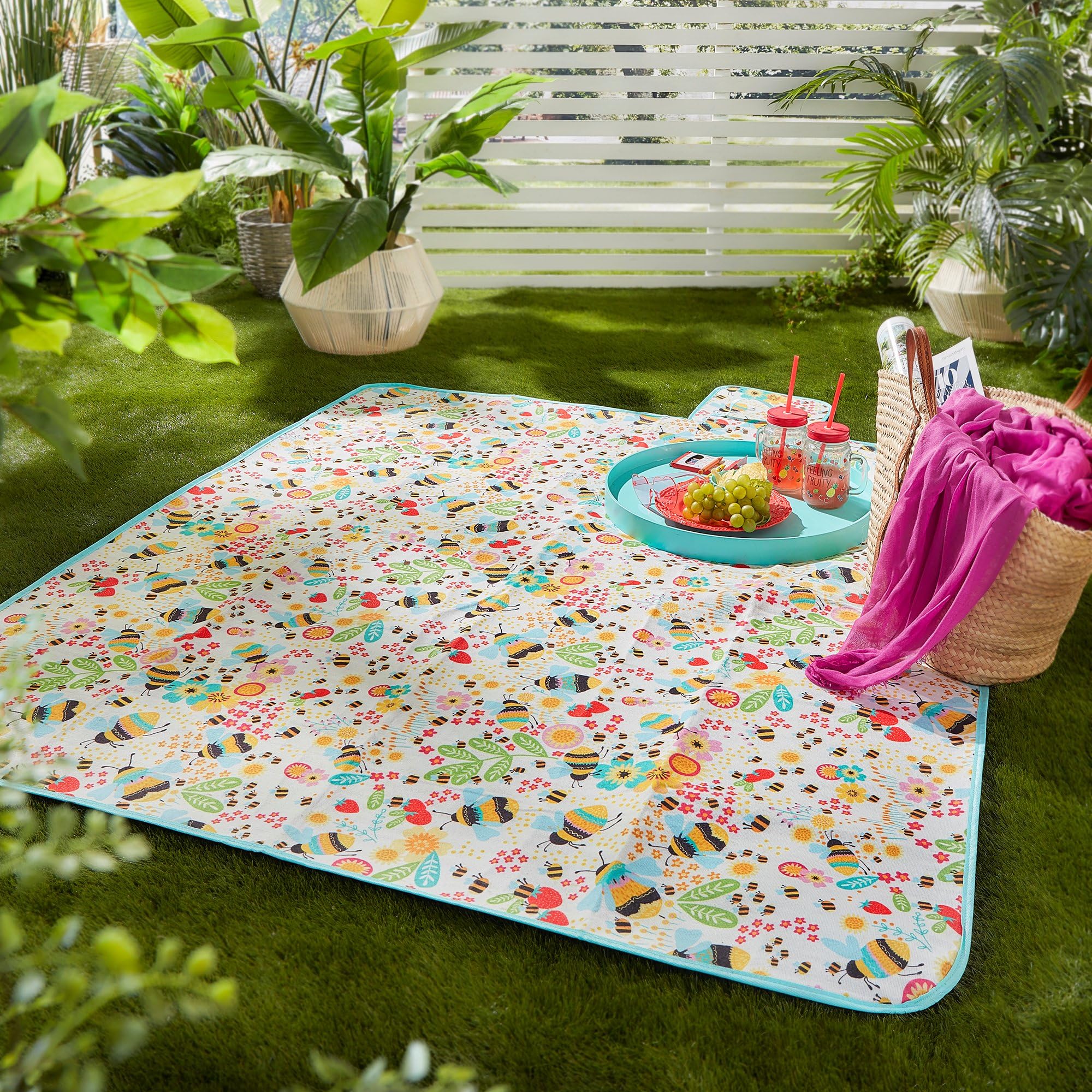 Fusion - Buzzy Bee - Waterproof Backed Picnic Blanket - 135 x 150cm in Ochre