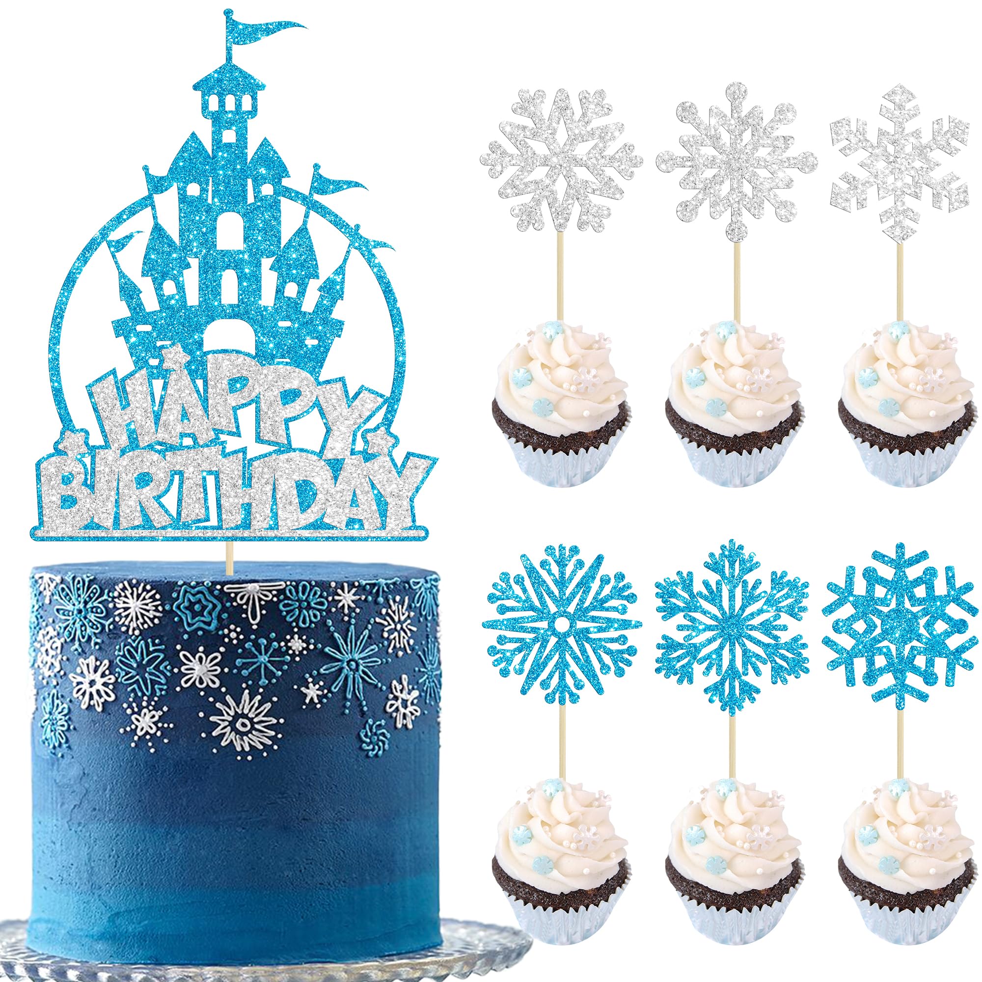 Gyufise 25Pcs Ice Castle Cake Toppers Frozen Snowflake Cupcake Picks Winter Wonderland Happy Birthday Cake Decoration for Frozen Theme Baby Shower Christmas Birthday Party Supplies Blue