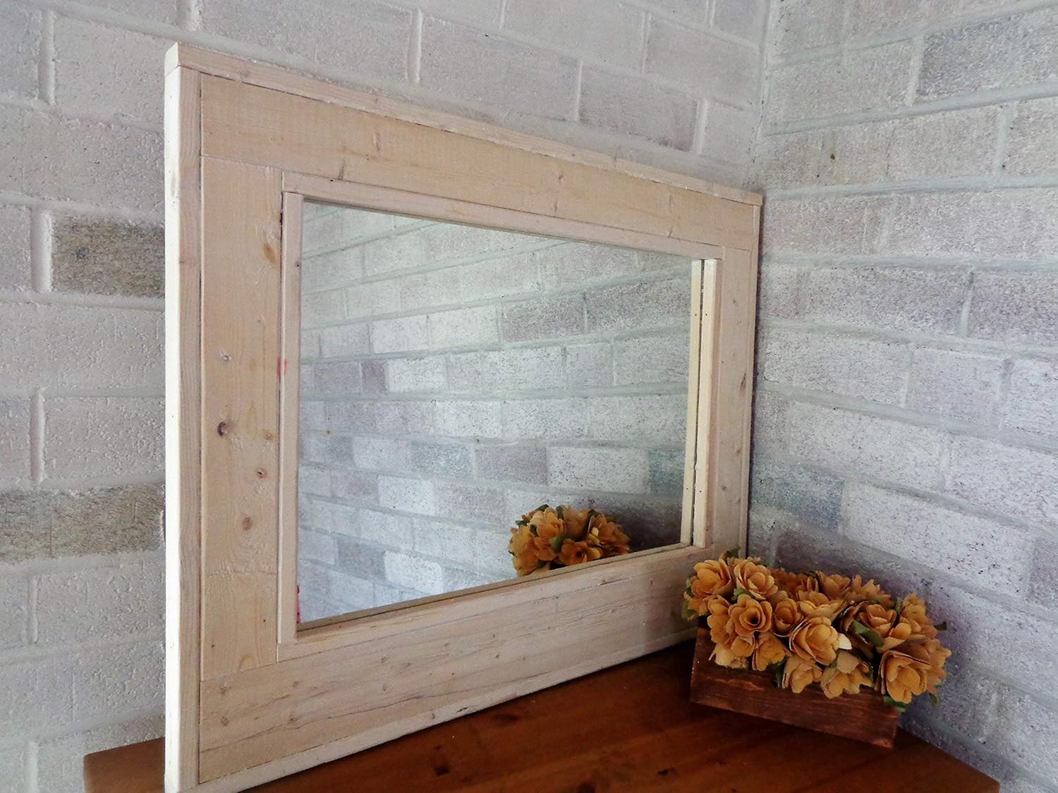 Amazon Com Herringbone Reclaimed Wood Framed Mirror Available In 4 Sizes And 20 Stain Colors Shown In Unfinished Wood Wall Mounted Mirror Home Decor Rustic Mirror Handmade