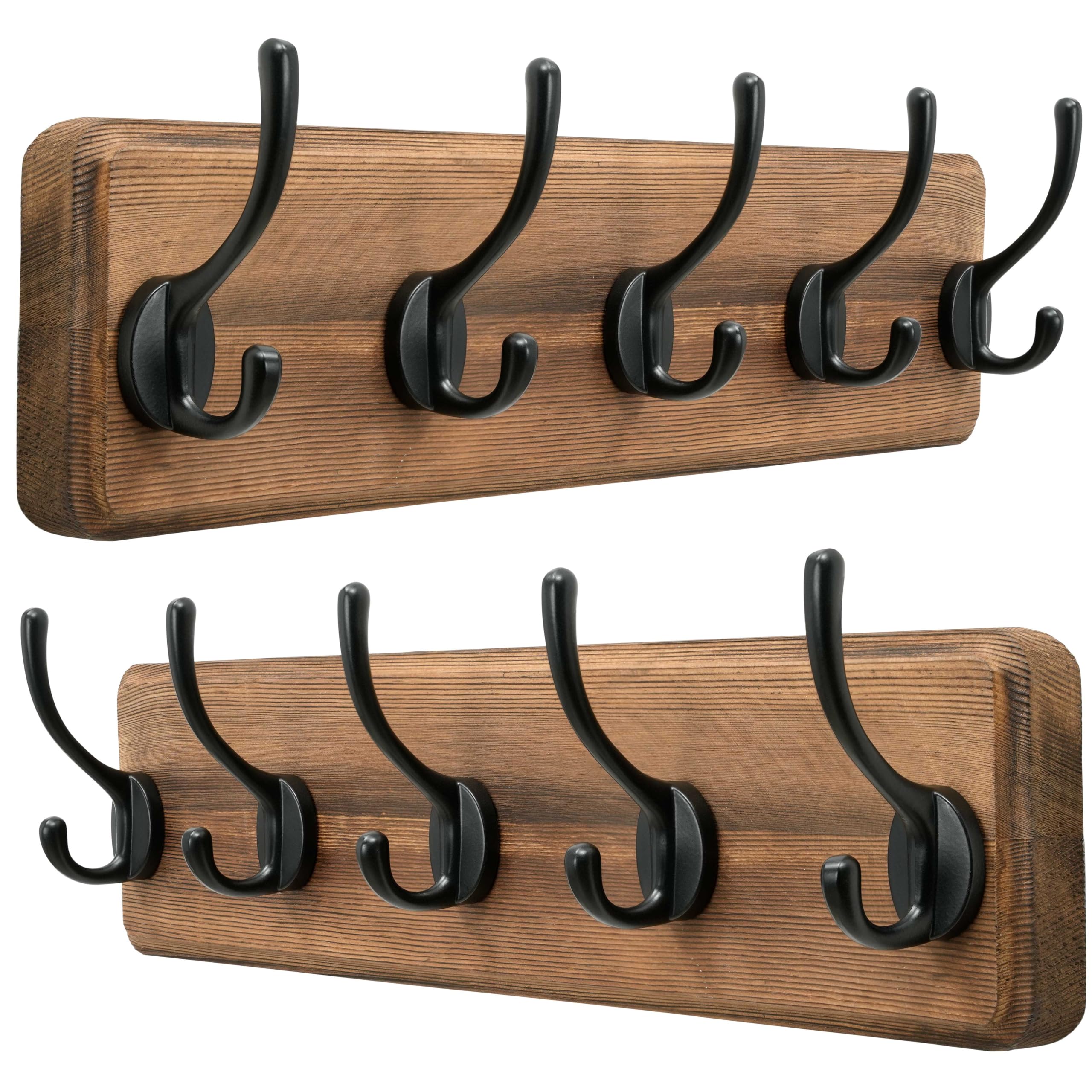 Dseap Coat Rack Wall: Patented, Heavy-Duty, 5-Double-Hooks Wooden Wall Mounted Coat Rack Coat Hanger Hook Rail for Winter Coats Hat Jacket Clothing, Natural & Black, Pack of 2
