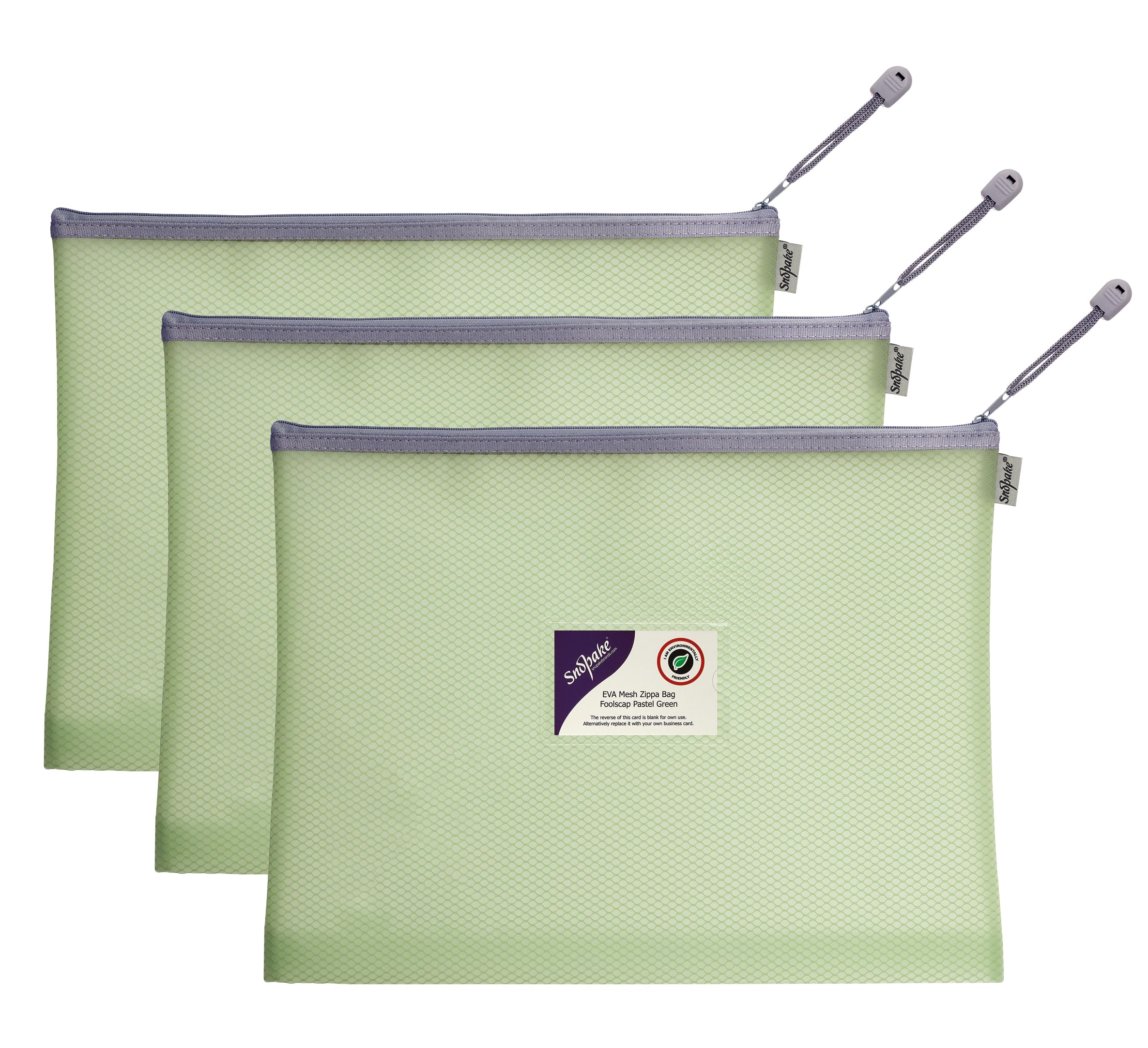 Snopake Foolscap High Capacity Pastel Green EVA Mesh Zippa-Bag [Pack of 3] 360 x 275mm – Heavy Duty Bag with Hanging Loop and Business Card Holder [15905]