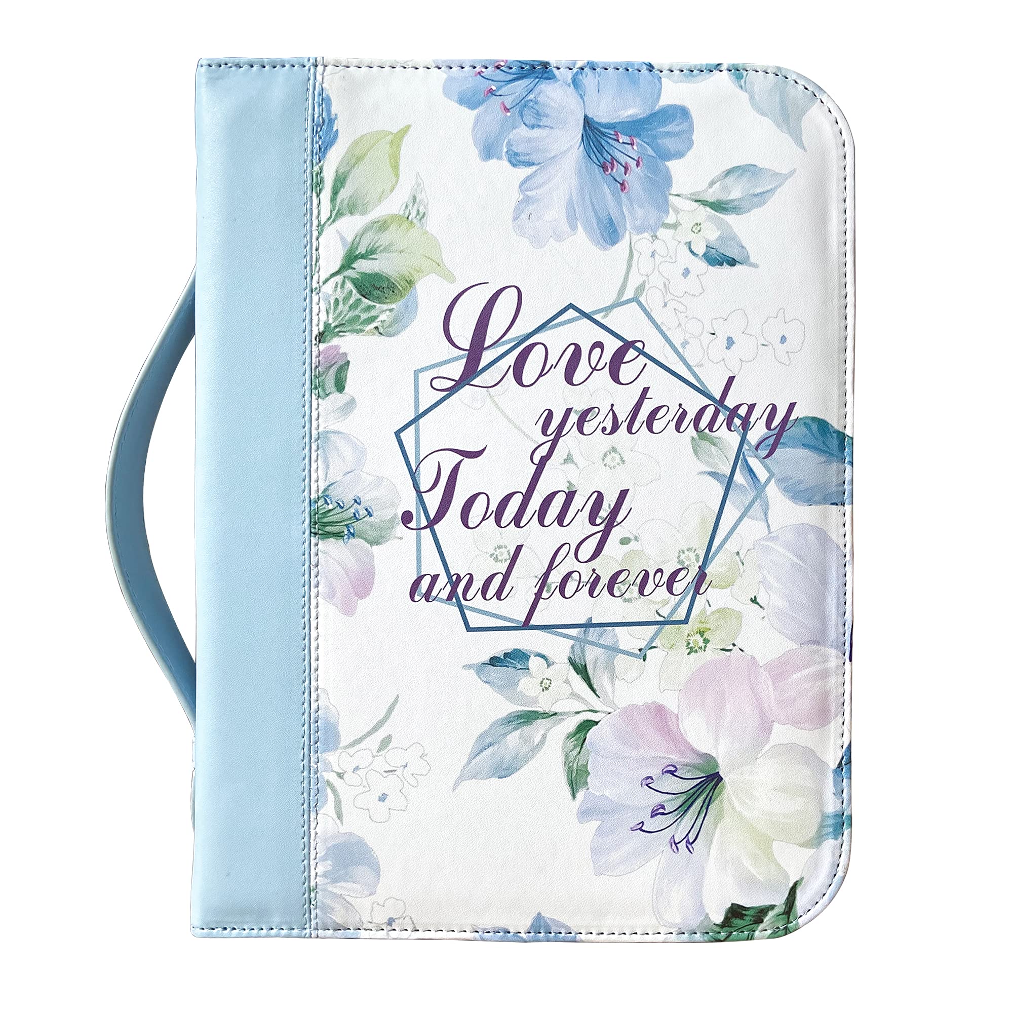 IvyRobes Zipper Bible Cover for Women Girls PU Leather, Blue Floral Pattern With Handle, Bible Bag Carrying Case Large Size