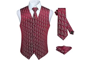 HISDERN Men's Suit Vest Christmas Holiday Season Party Jacquard Waistcoats Necktie Pocket Square Vest Suit Set