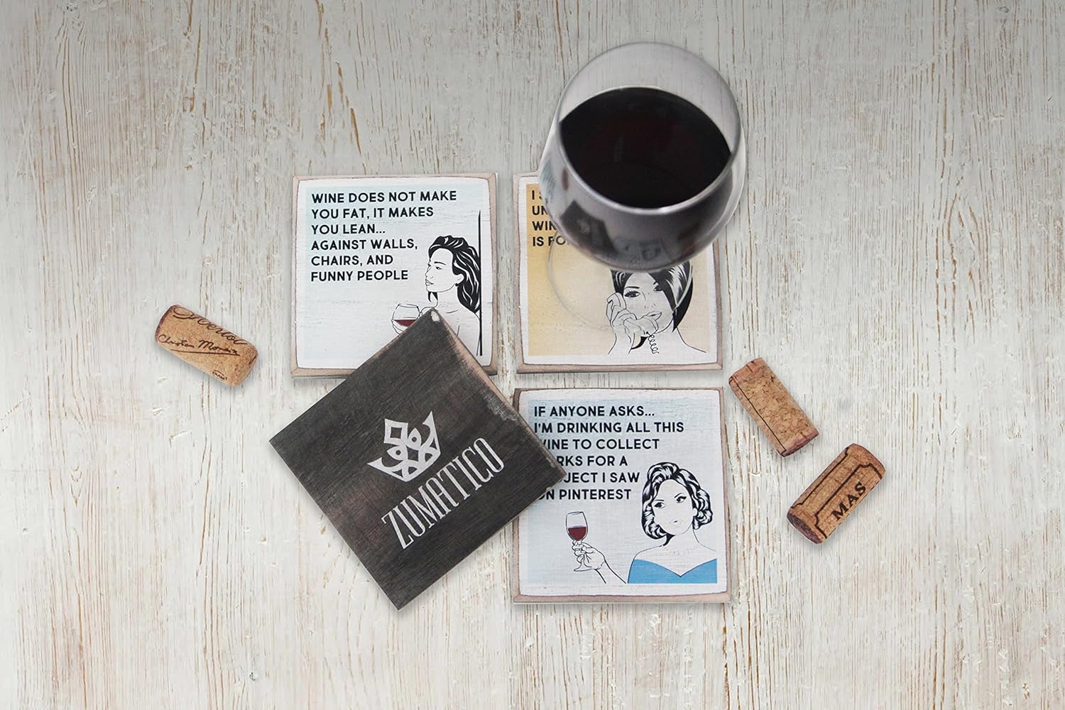 Zumatico 4 Funny Wine Coasters Set & Holder | Rustic Wood with Funny Sayings & Quotes | Great Wine Gift for Women | Housewarming Gift for Wine Lovers: Home & Kitchen