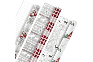 Hallmark Holiday Wrapping Paper Rolls - Rustic Christmas Gift Wrap Paper (Set of 3 Reversible Rolls: 120 sq. ft. ttl.) Plaid, Barn, Red Truck, Moose, Woodland Scenes