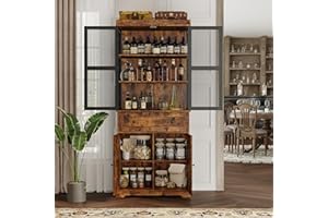 BOTLOG 71” Pantry Cabinet, Kitchen Pantry Storage Cabinet with Adjustable Shelf, Drawer and Barn Door, Tall Storage Cabinet, Bar Cabinet with Visual Metal Mesh Door