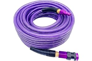 SYXQT Polyurethane(PU) 1/4-Inch x 50FT Reinforced, Air Hose with 1/4” Swivel Solid Aluminum Colored Universal Quick Coupler and Plug, Bend Restrictor,Purple