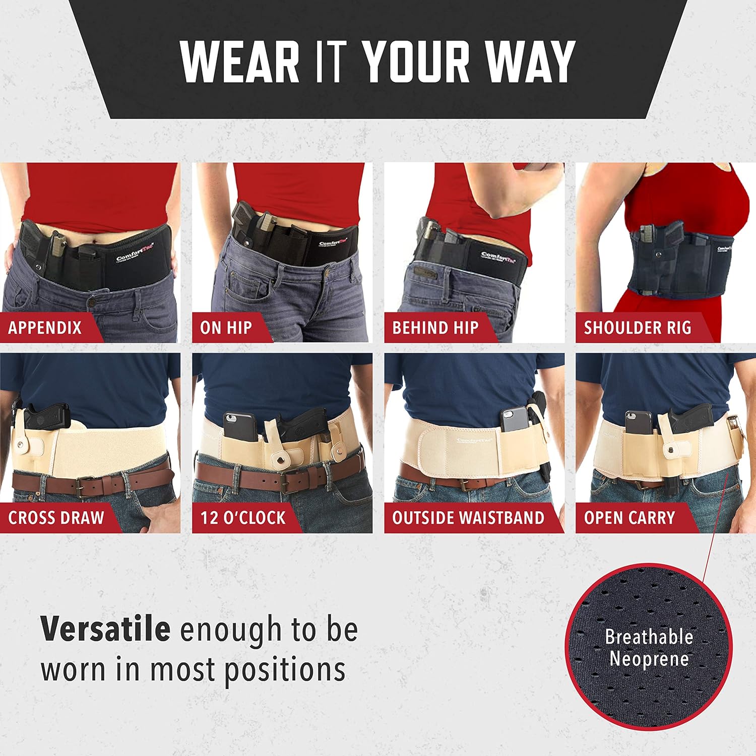 ComfortTac Ultimate Belly Band Gun Holster for Concealed Carry | Compatible with Smith and Wesson, Shield, Glock 19, 17, 42, 43, P238, Ruger LCP, and Similar Guns, for Men and Women : Sports & Outdoors