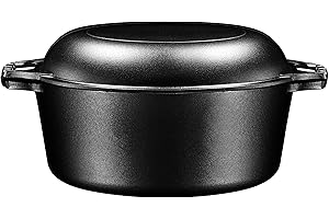 Bruntmor 2-in-1 Pre-Seasoned Cast Iron Dutch Oven With Handles - Crock Pot Black Cast Iron pot with Skillet lid - All-in-One Cookware Braising Pan for Casserole Dish - 7 Quart - Black
