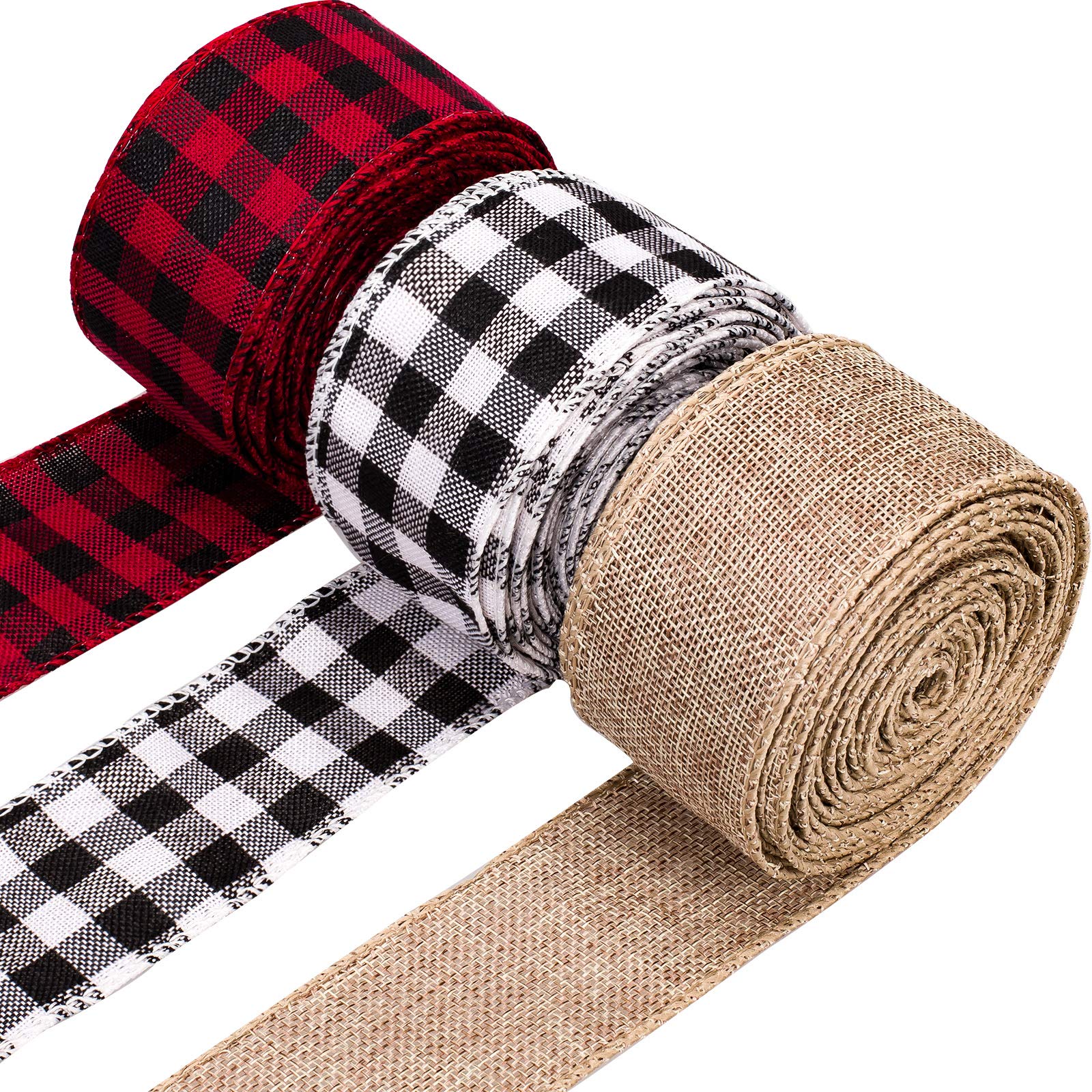 Whaline 3 Rolls Christmas Wired Edge Ribbons, 30 Yards x 1 Inches Black Red Plaid, Black White Buffalo Plaid, Burlap Craft Ribbon for DIY Gift Wrapping, Fall Crafts Decoration