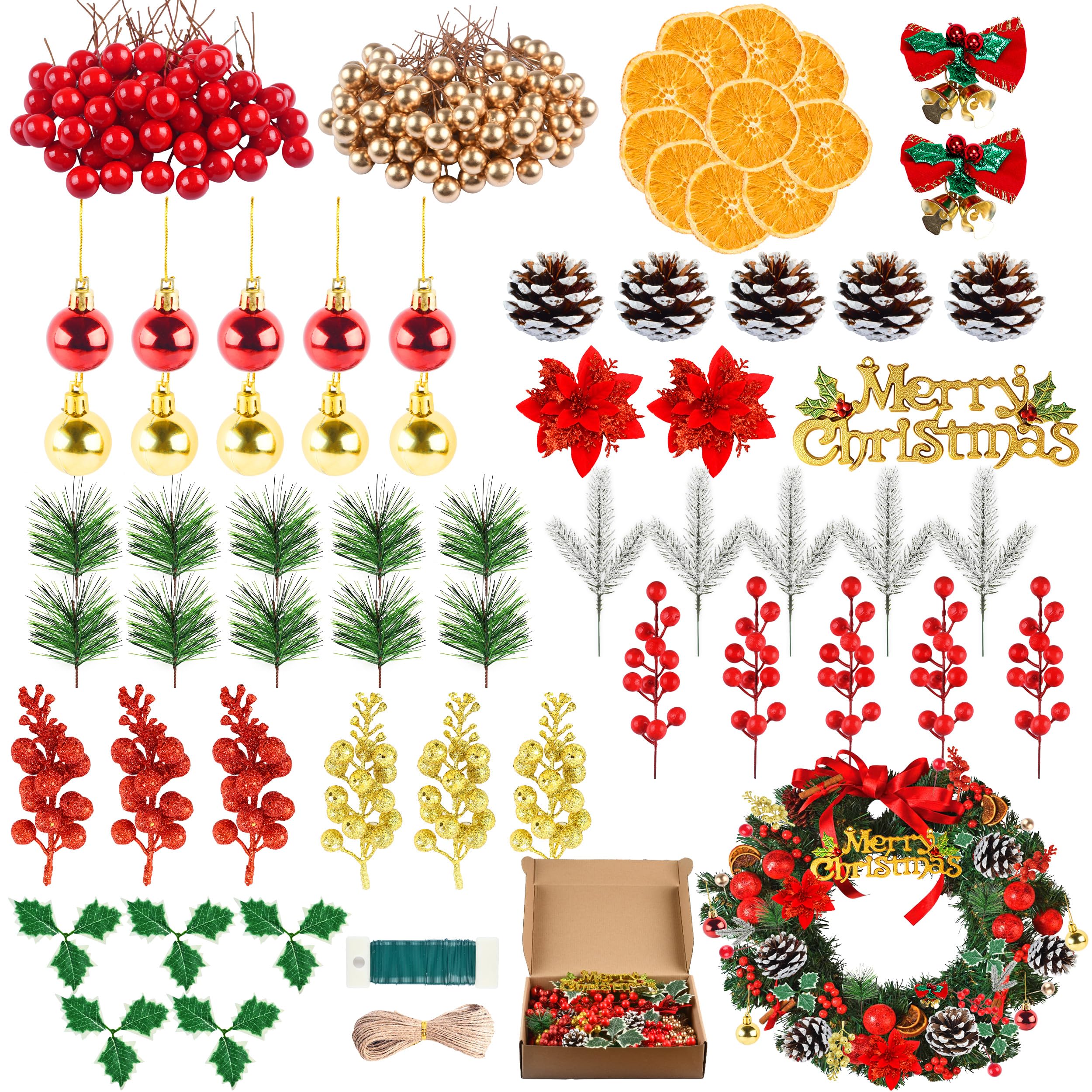 Abitoncc Christmas Wreath Making Supplies - Artificial Berries, Pine Needles, Poinsettia Flowers - Xmas Wreath Making Kit