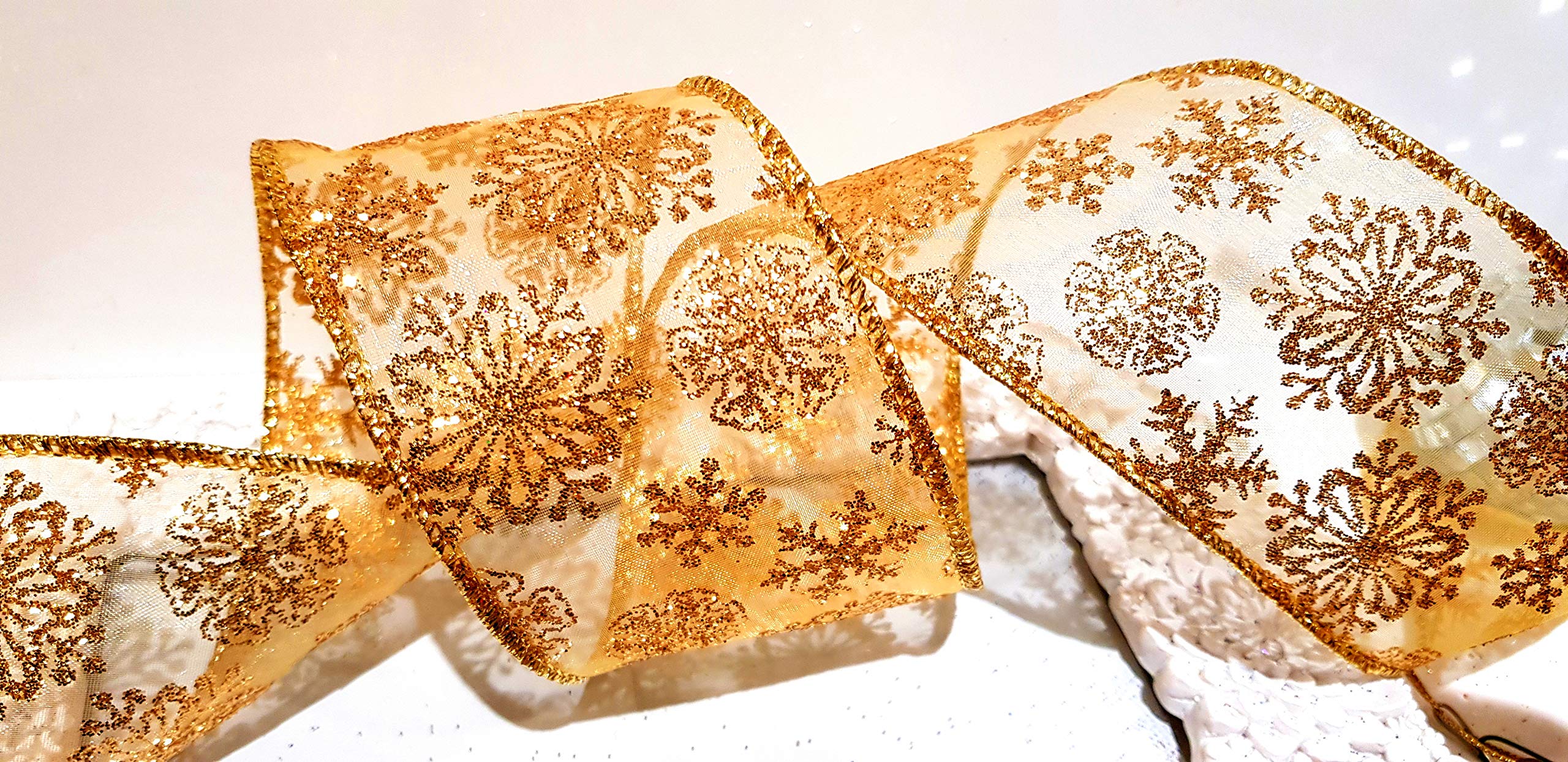 Professional Quality Wired Wire Edge Christmas Ribbon 2.5" Wreath Tree Tinsel Bow UK Stockist Over 30 Designs (Gold Glitter Snowflakes on Gold Organza, 5m)