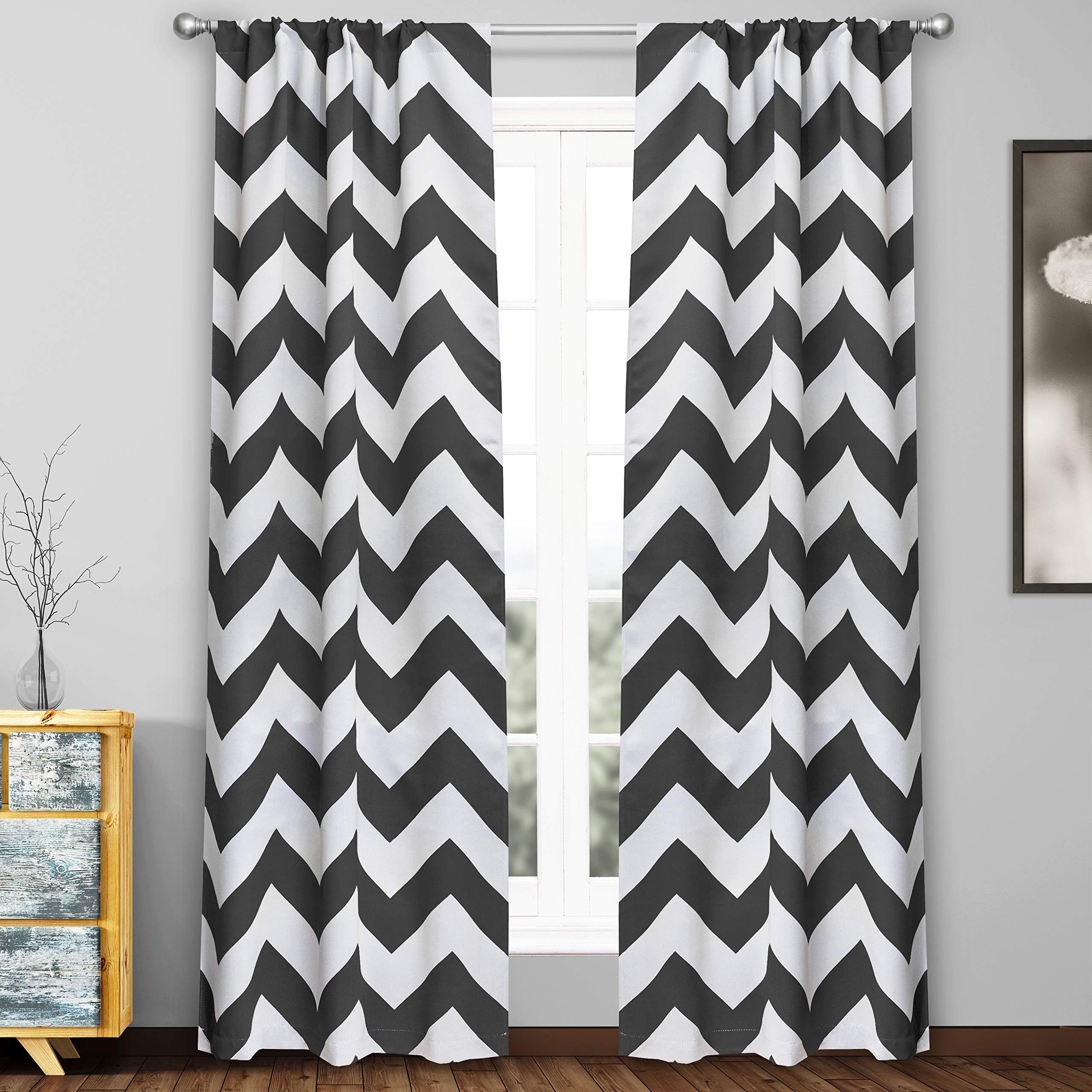 Duck River Textile Home Fashion Chevron Stripe Printed Blackout Darkening Pole Top Window Curtains Pair Drapes for Bedroom, Living Room-Set of 2 Panels, 39 X 84, Black
