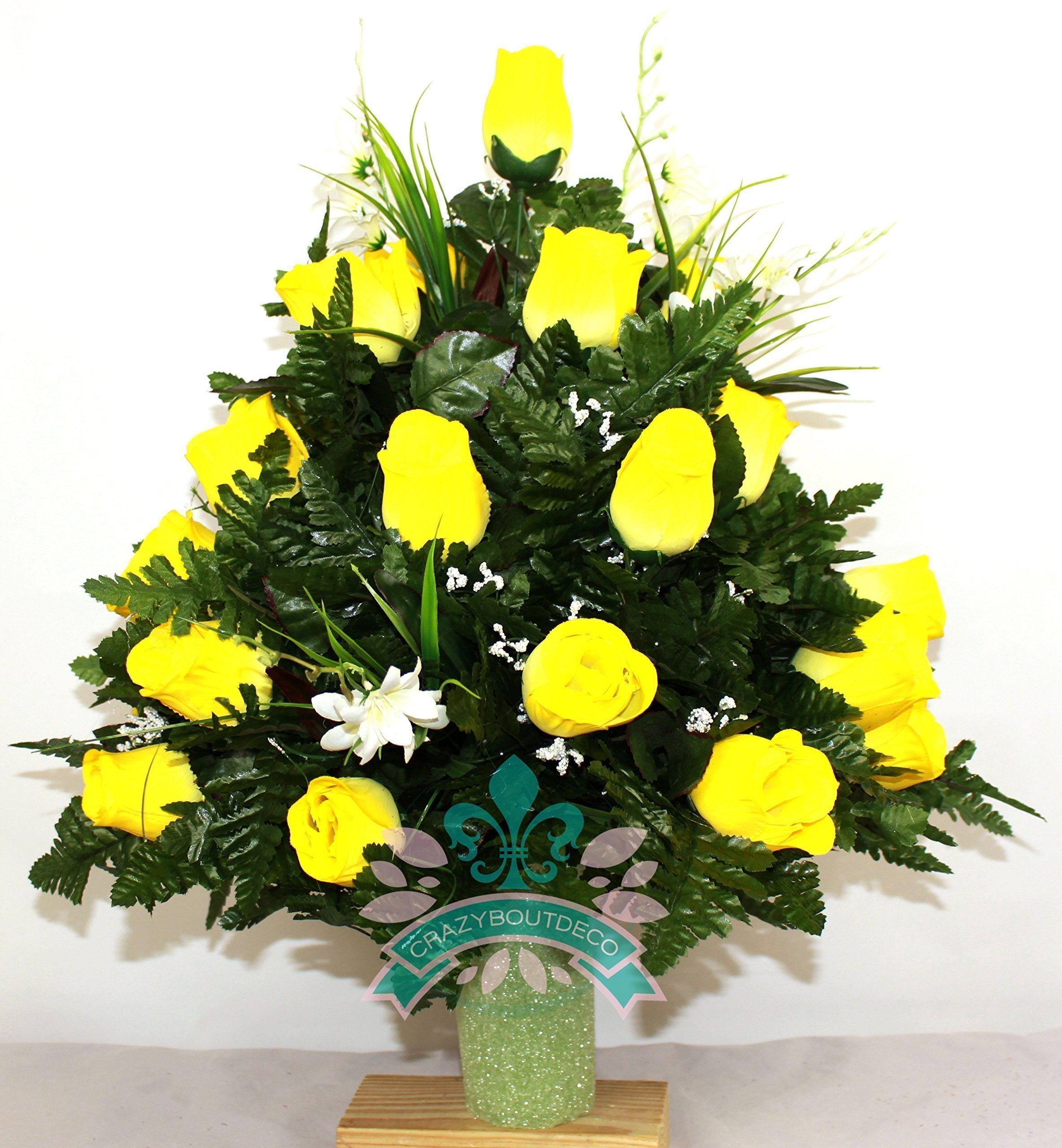 Beautiful XL Artificial Yellow Roses Cemetery Flower Headstone 3-Inch