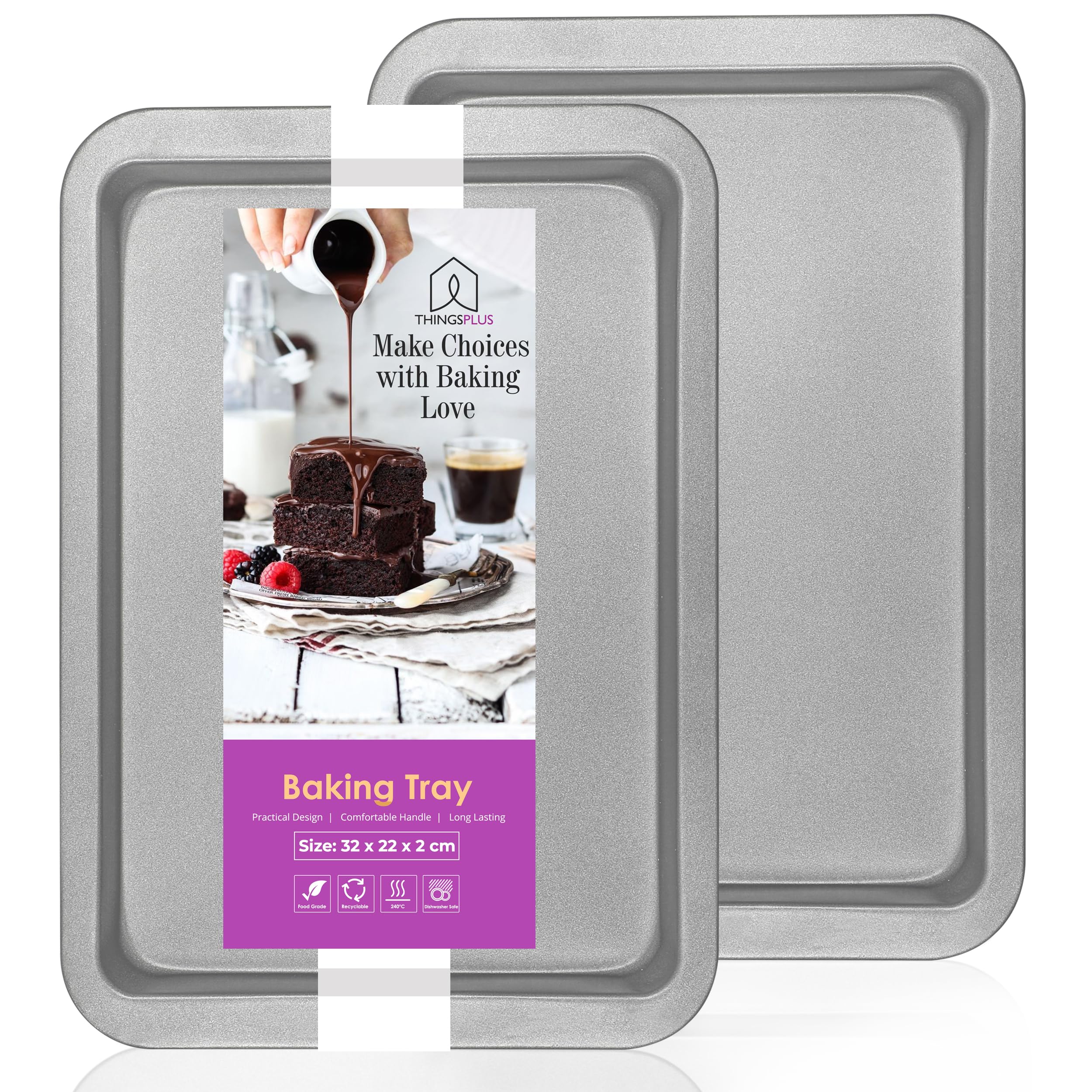 ThingsPlus Set of 2 Baking Trays for Oven Non Stick, Premium Carbon Steel Oven Trays Non Stick with Teflon Coating, Durable & Easy-Clean NonStick Baking Tray Set for Cookies & Savories (32x22x2cm)