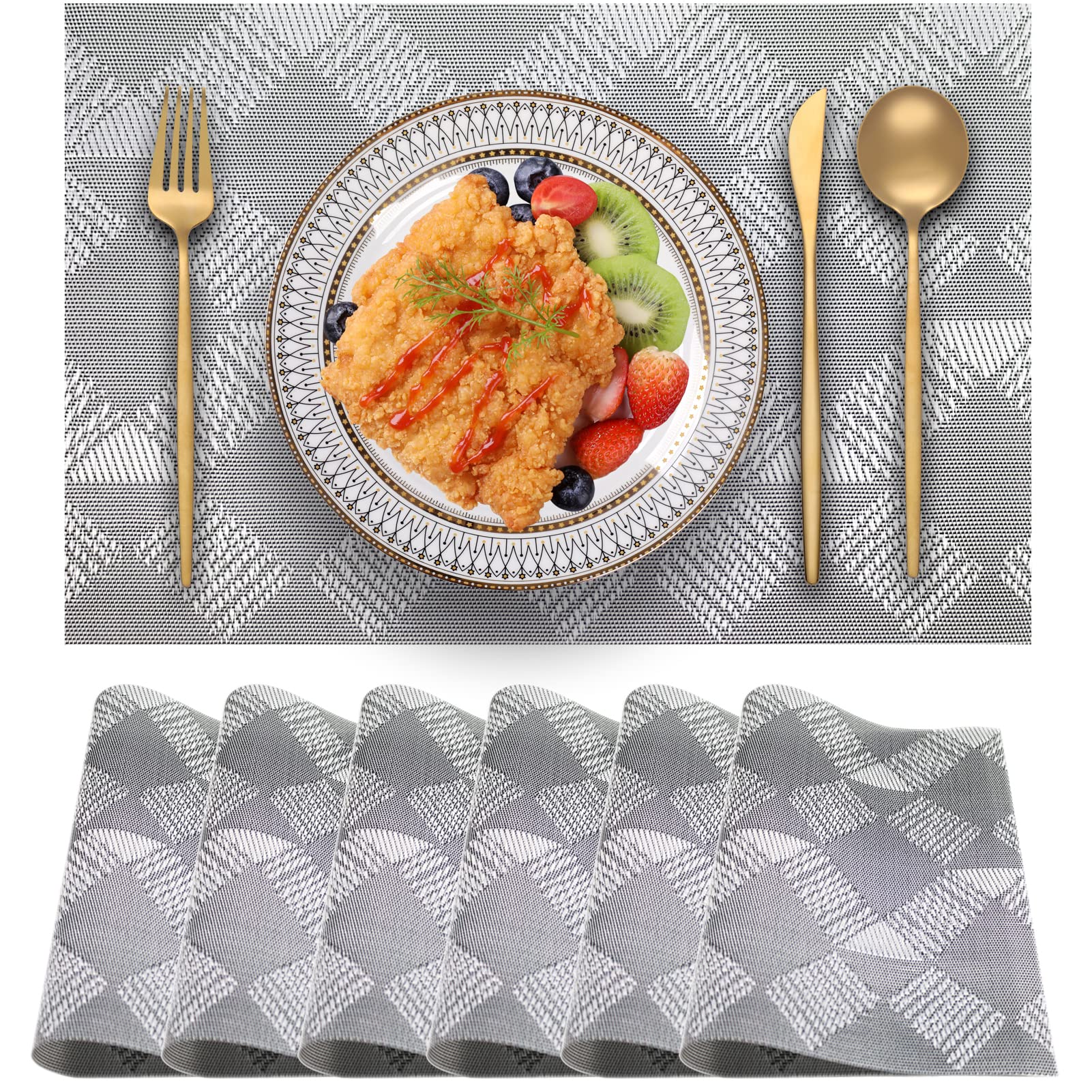 Blibalaskr Place Mats,Table Mats set of 6,Washable Non-Slip Placemats,Heat-resistant PVC Placemat,Suitable for kitchen,dining room,indoor outdoor (Grey)
