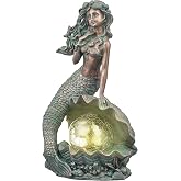 TERESA'S COLLECTIONS Mermaid Garden Statue Solar Resin Patina Bronze 12" | Solar mermaid statue with a patina bronze glowing | Outdoor resin decor for garden, yard, patio | Great gift for any occasion