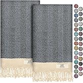 EPHESUS TOWELS Turkish Hand Towels - Set of 2 | 18" x 30" Decorative Boho Guest Bath Towel for Bathroom, Kitchen, Face, Hair, Tea, Dishcloth (Herringbone, Dark Blue)