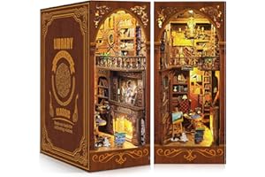 RONSTONE DIY Book Nook Kits Booknook,3D Wooden Puzzle Miniature Wooden Dollhouse Kit-DIY Book Nook Kit Crafts Bookshelf Insert Decor-Bookends Model Building Kit-Creativity Kit with LED Light for Adult Teen