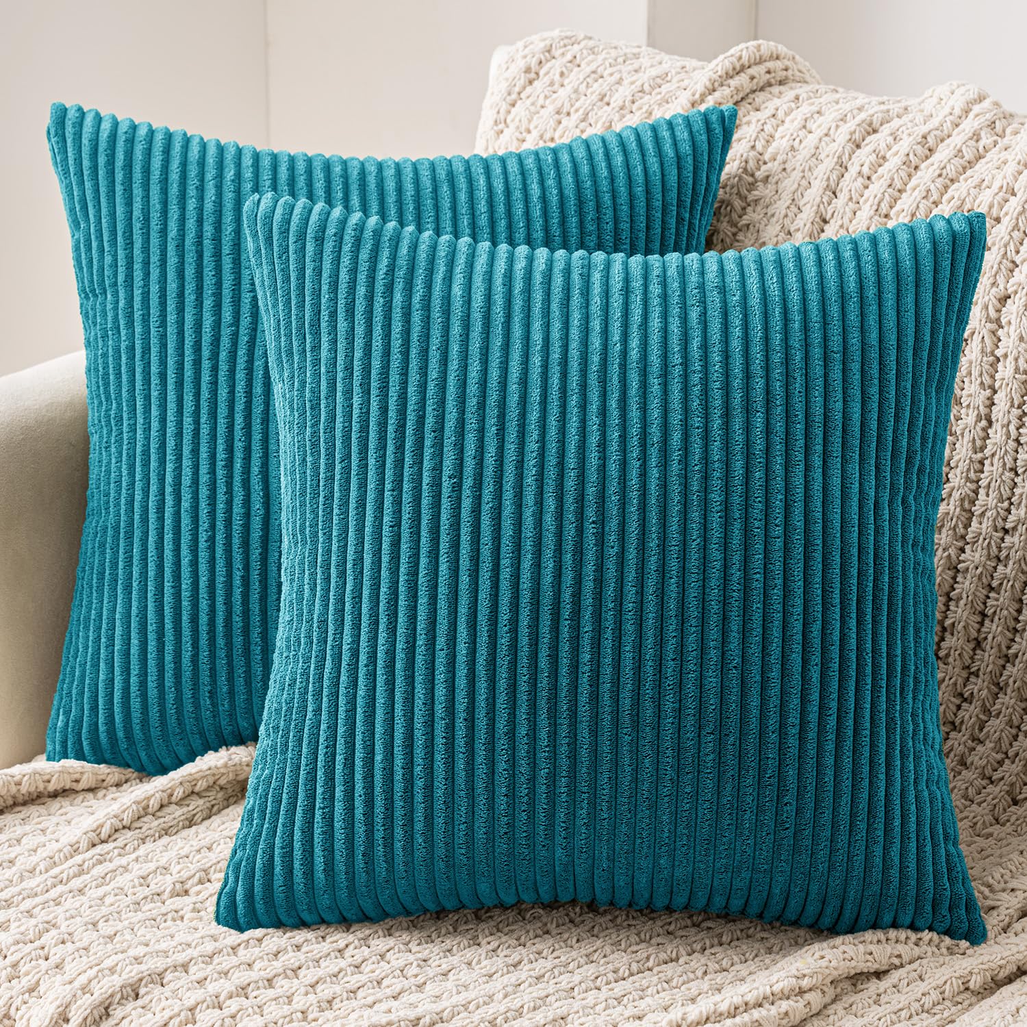 MIULEE Set of 2 Striped Corduroy Square Throw Pillow Case Soft Cushion Cover Sham Home for Sofa Chair Couch/Bedroom Decorative Fluffy Large Pillowcases 20x20 Inch 50x50cm Lake Blue — image 1