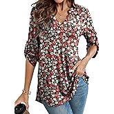 OIDUICOULD Women's Plus Size Tops 3/4 Roll Sleeve Blouses V Neck Tunic Tops