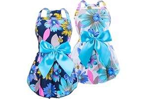 MSNFOASM 2pcs-New Spring Summer Puppy Dog Dress,Cute Colored Sun Flower Dog Bow Skirt for Small Girl Dogs(White&Navy Sunflower,XXS)