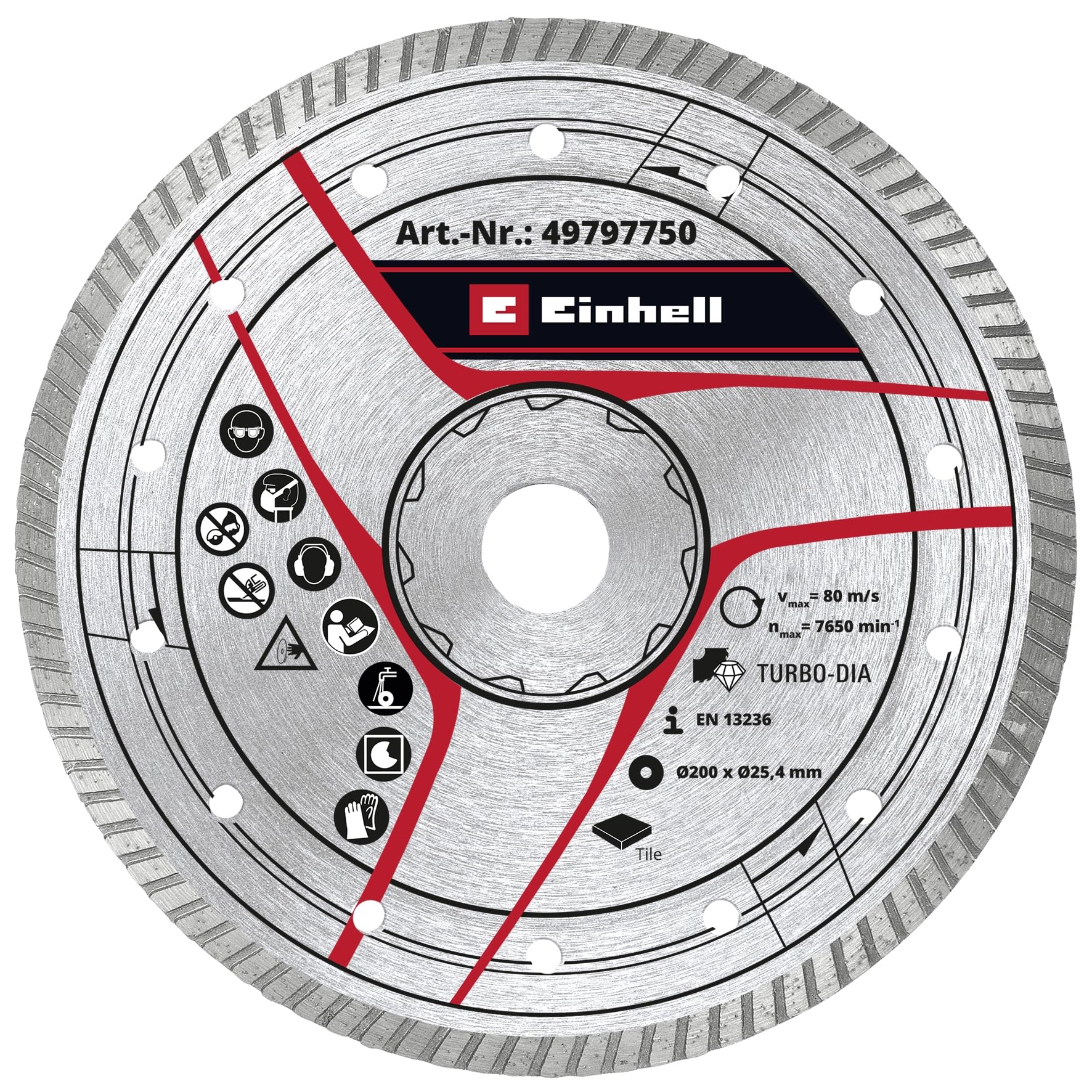 Original Einhell Turbo Diamond Cutting Disc 200 x 25.4 mm (Tile Cutter Accessories, Diameter 200 x 25.4 mm, 6 mm Turbo Diamond Edge, Max. 7650 rpm)