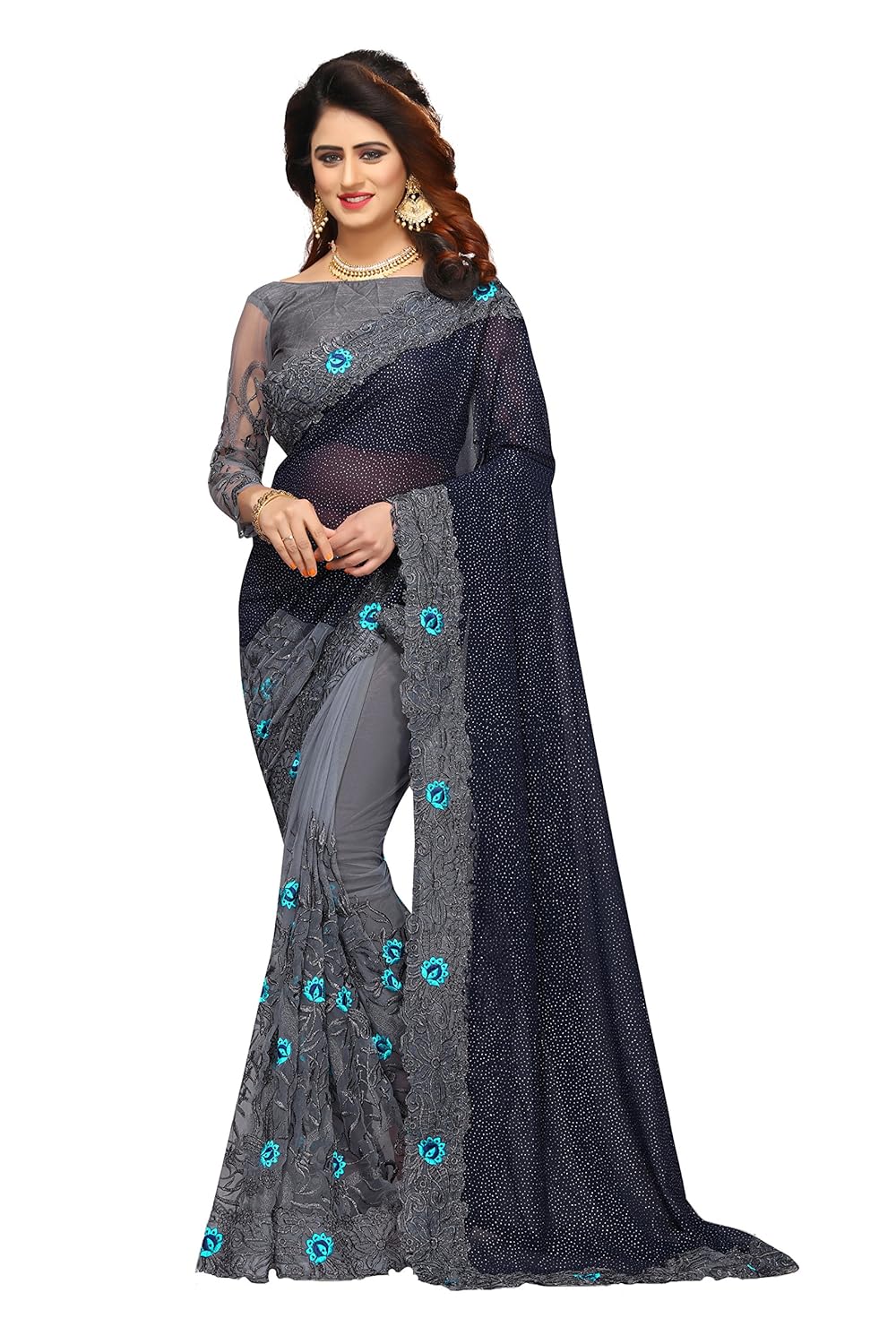 sunshine fashion women's mono net saree with blouse piece (blue_freesize)