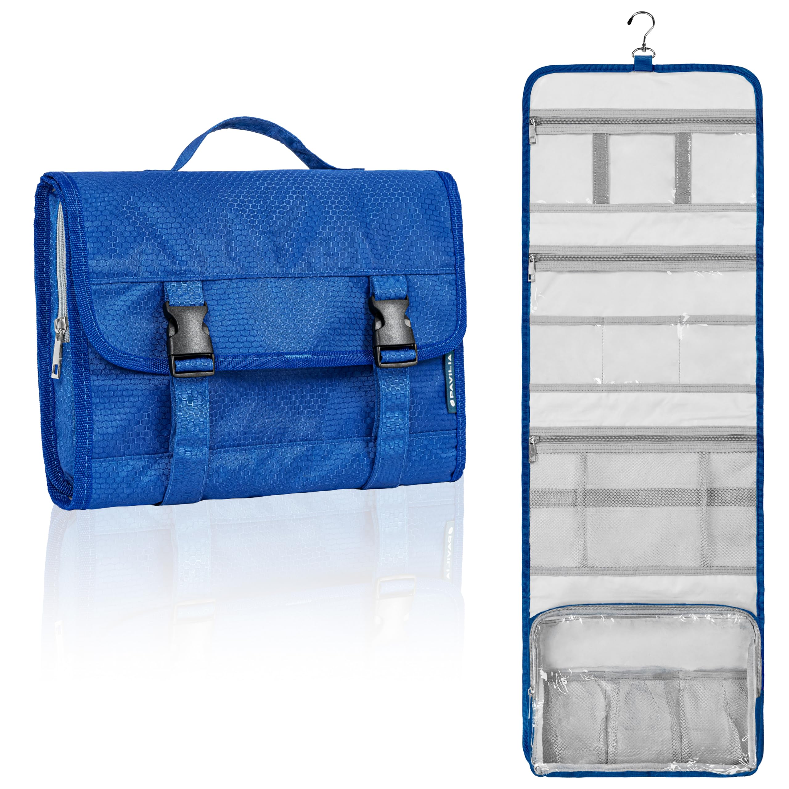 Photo 1 of PAVILIA Travel Hanging Toiletry Bag for Women Men, Large Capacity Makeup Bag Kit, Waterproof Cosmetic Storage Organizer Case for Bathroom Shower, Royal Blue