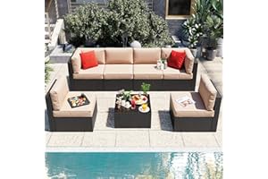 Vongrasig 7 Pieces Patio Furniture Sets, Outdoor All-Weather Wicker Patio Conversation Sets, L-Shaped Rattan Sectional Patio Sofa with Glass Table for Backyard, Beige