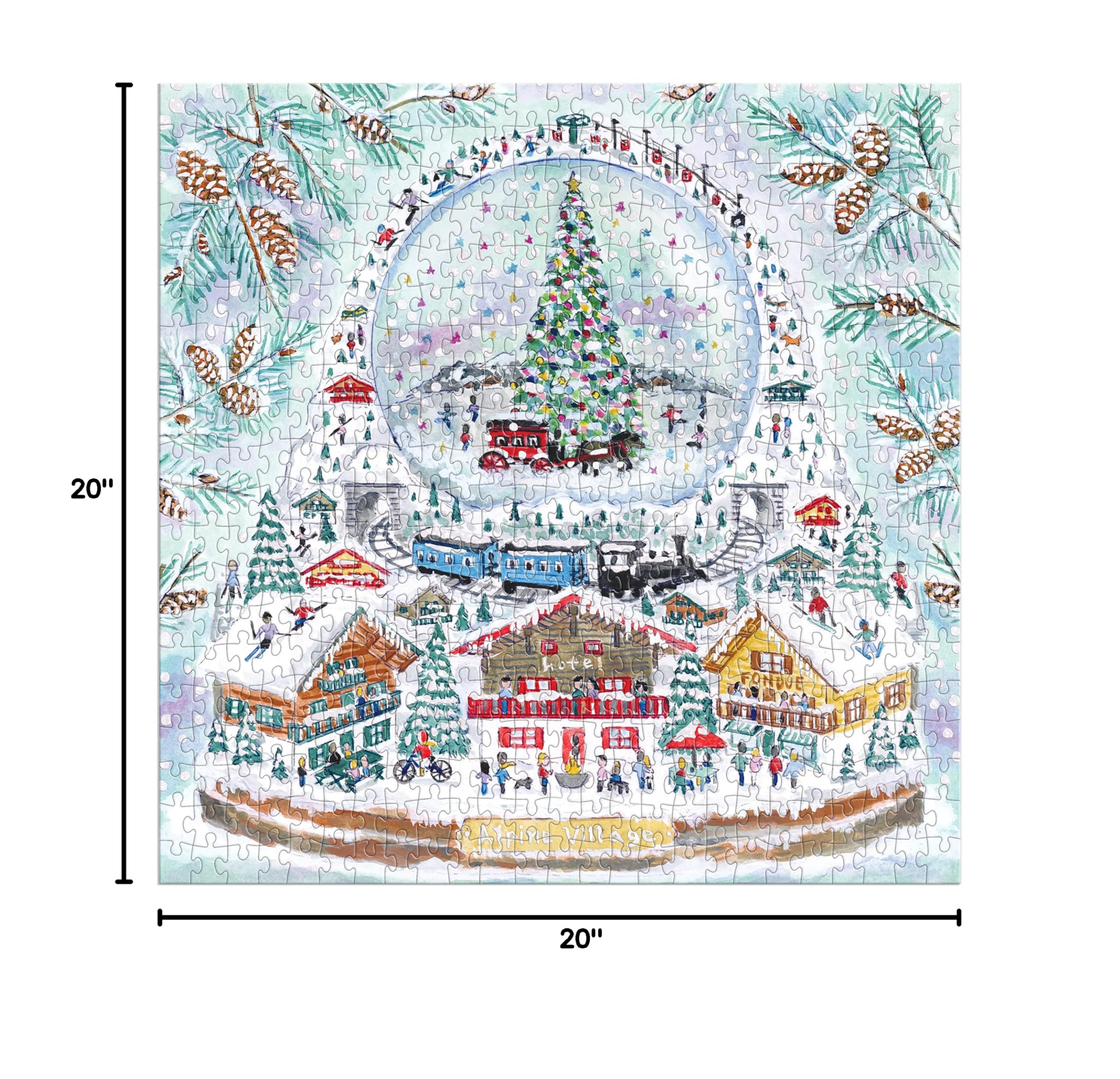 Galison Michael Storrings Alpine Village Snow Globe – 500 Piece Foil Puzzle of Christmas Snow Filled Mountains Artwork with Gold Foil Accents