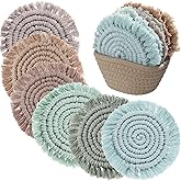 Coasters Set of 6 for Drinks Boho Absorbent Woven Cotton Coaster with Holder Farmhouse Tassel Macrame Cup Mat Housewarming Gift for Coffee Table Home Kitchen Office Decoration, 4 in(Green Color)