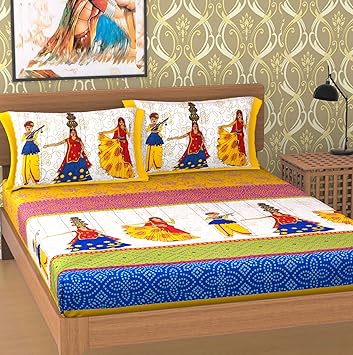 EMART 100% Premium Cotton, 104 TC, Double Bedsheet (213cm x 235cm) with Two Pillow Cover (43cmx 65cm) Rajasthani Print (Yellow)