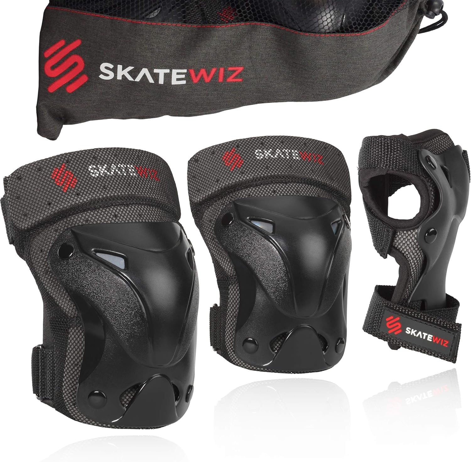 SKATEWIZ Protect-1 Elbow and Knee Pads - with Infinity Hook & Loop Straps for Better Fit - Elbow Pads Wrist Guards Inline Skating for Kids [6pcs] - Protective Gear Set with Carry Bag : Sports & Outdoors