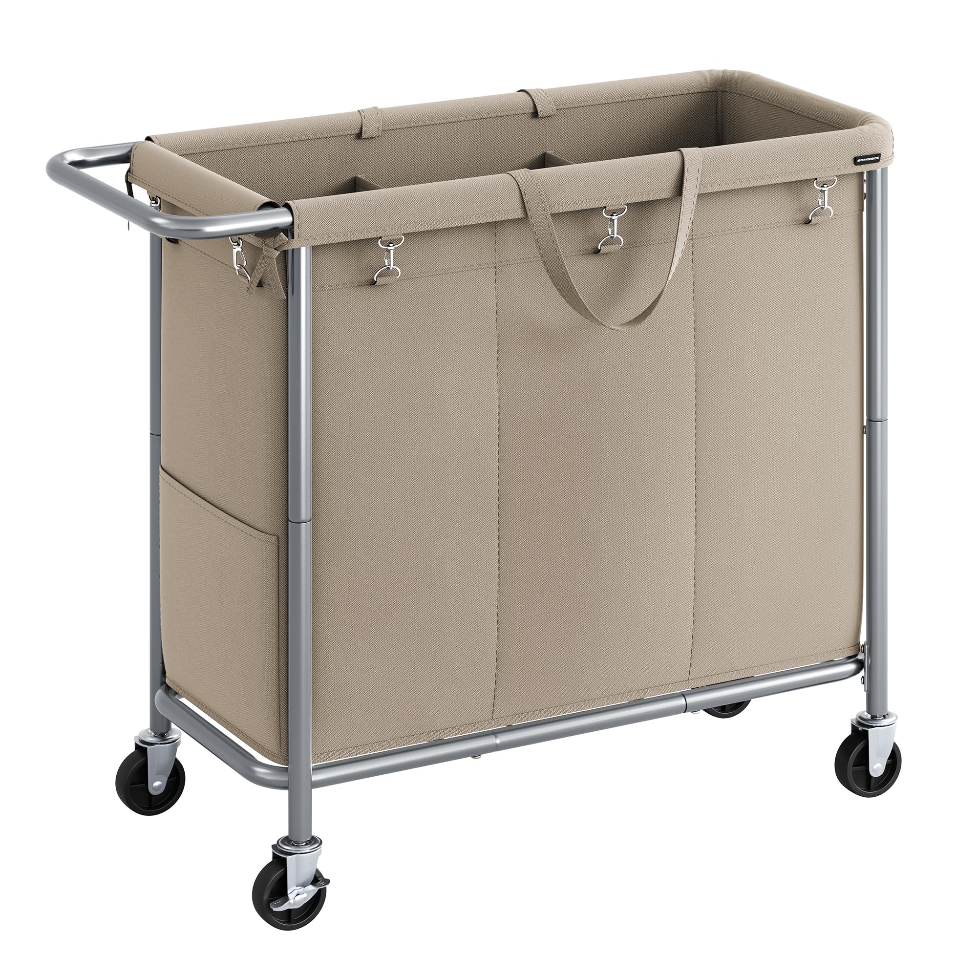 SONGMICS Laundry Basket with Wheels, 3-Section Rolling Laundry Hamper, 52.8 Gallons (200 L), Removable Liner, Steel Frame with Handle, 35.8 x 15.4 x 31.9 Inches, Camel Brown URLS005N01 Image